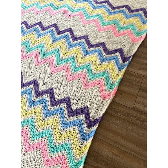 Handmade Chevron Colorful Knit Crochet Blanket Pink Teal Yellow Blue VTG 76x57 - Picture 6 of 12